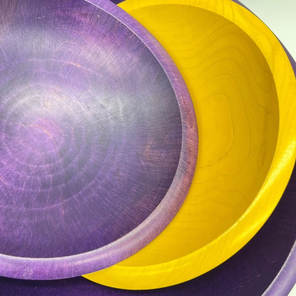 Tree Spirit Wood Serving Bowls Set of 3 Purple‎ and Yellow Dyed Wooden Decor